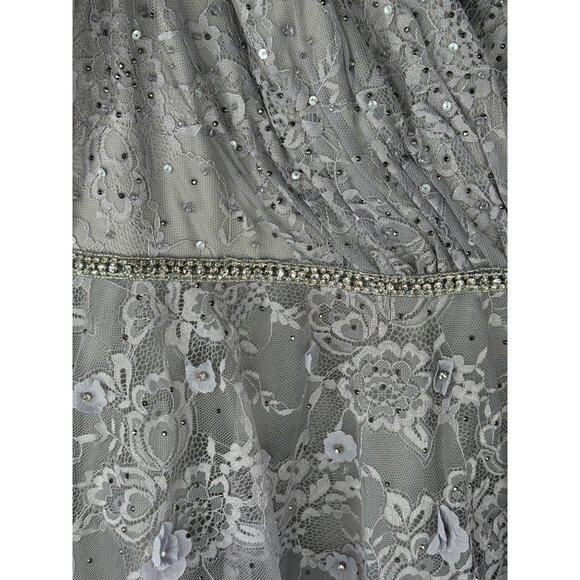 Mac Duggal Floral Sterling Silver Lace A-Line Tea Length Cocktail Dress Size 14 - Picture 7 of 8